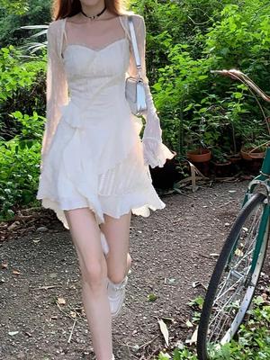 Irregular Mini Cardigan Fashion Strap Dress Woman Elegant 2 Piece Set Short Party Dress Female France Casual Thin Pure Desire Solid Suit