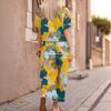 European and American Style Leaf Print Casual Set for Women: Crew Neck Short-sleeve Top + Wide-leg Pants, Plus-size Slimming Two-piece Set