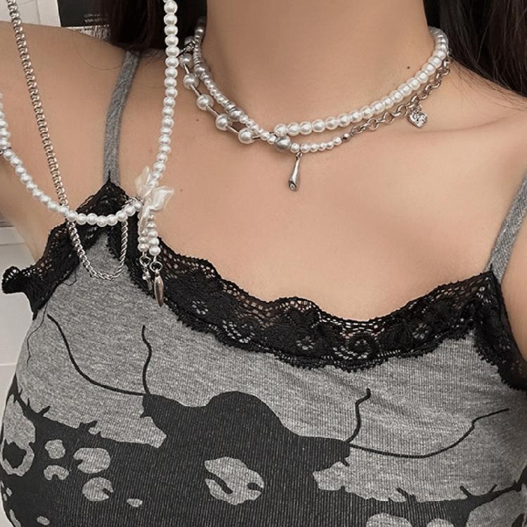Adjustable Length Bowknot and Pearls Necklace Glass Beads Double Layer Choker Handmade Business Meeting Jewelry
