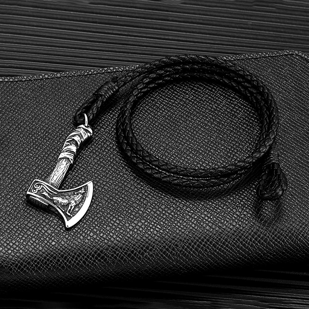 Mens Stainless Steel Vikings Axe Bracelet Leather Wolf Amulet Handmade Bracelet For Men Women Biker Outdoor Jewelry Gift