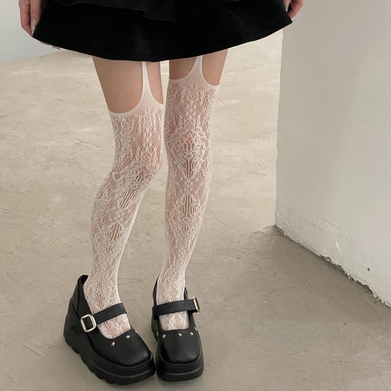 Women Sexy Sheer Fishnet Suspender Tights Garter Belt Pantyhose Hollowed Out Flower Pattern Colored Thigh High Stockings