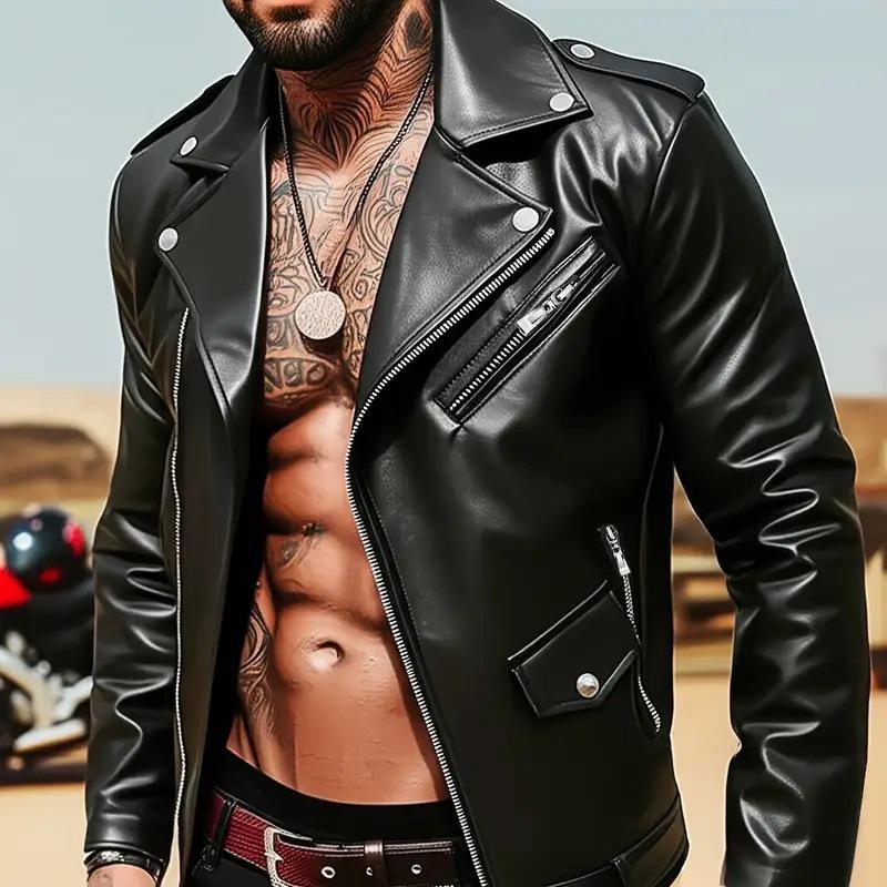 Men's PU Leather Motorcycle Jacket - Stylish European-American Streetwear with Functional Zipper.