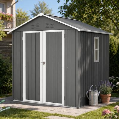 185x182x191 cm Metalen Gereedschapsschuur met Zadeldak, Raam & Ventilatieopeningen, Waterdicht & Sneeuwbelastbaar - incl. Slot, Handschoenen, Pluggen