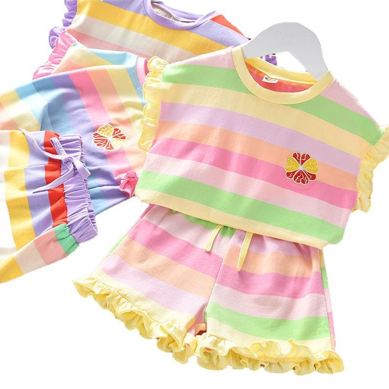 Girls Summer Rainbow Sports Set Toddler Short Sleeve T Shirt And Shorts Two Piece Casual Outfit