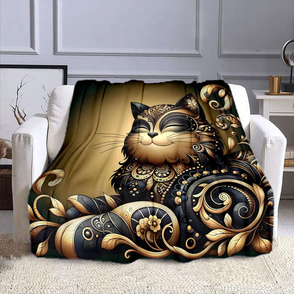 Golden Ornamental Cat Design Patterned Flannel Blanket Perfect for the Bedroom Living Room, Sofa, or a Little Nap