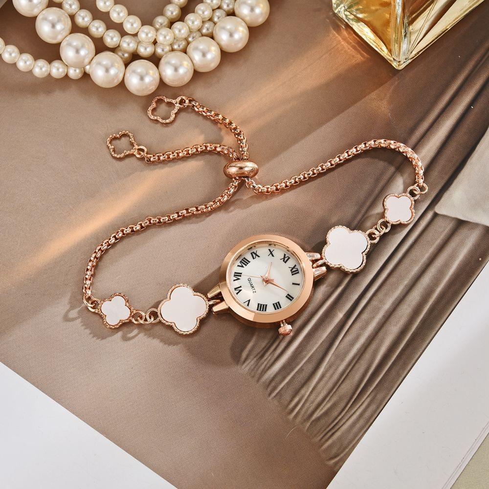 Women's College-Style Mother-of-Pearl Watch with Four-Leaf Clover Bracelet