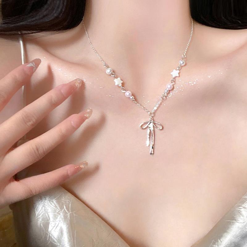 Y2k Bowknot Pendant Necklace for Women Sweet Korean Cute Pearl Star Necklace Aesthetic Jewelry