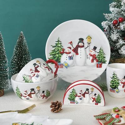 Christmas Snowman Dish and Plate Cutlery Kitchen Dressing Storage Jar Family Salad Bowl Teapot Set Ceramic Steak Flat Plate