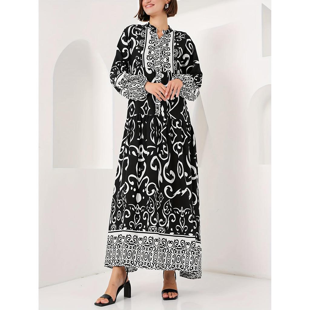 Elegant Long Black Arabic Dress - Women's V-Neck Loose-Fit Islamic Robe with Print