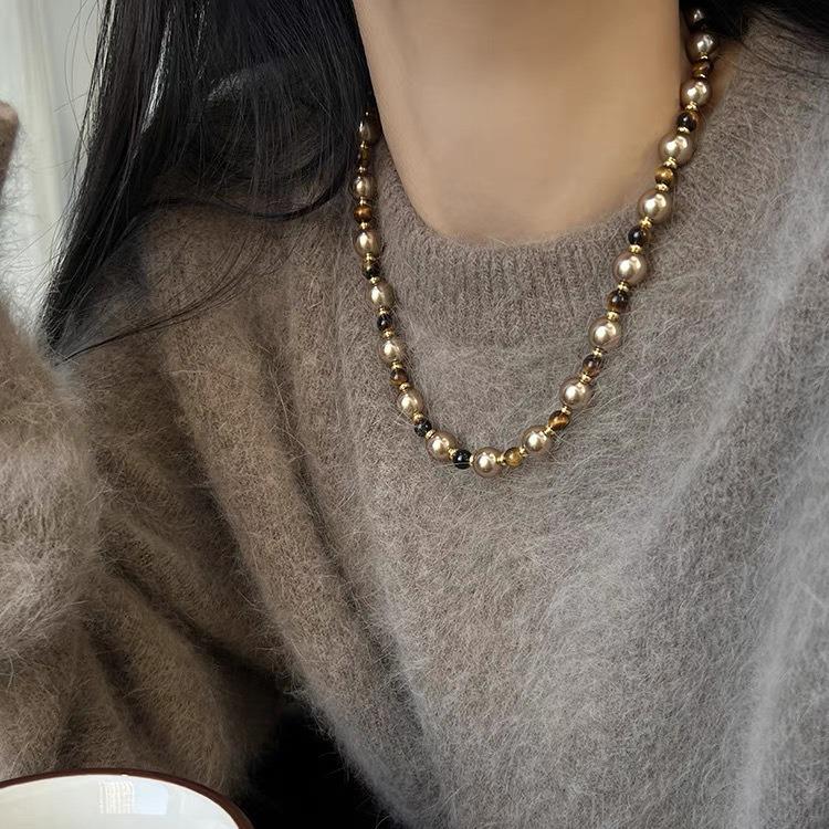Autumn-Winter Myllard Tiger's Eye Mocha Gold Brown Pearl Necklace – Luxury Sweater Chain for Women