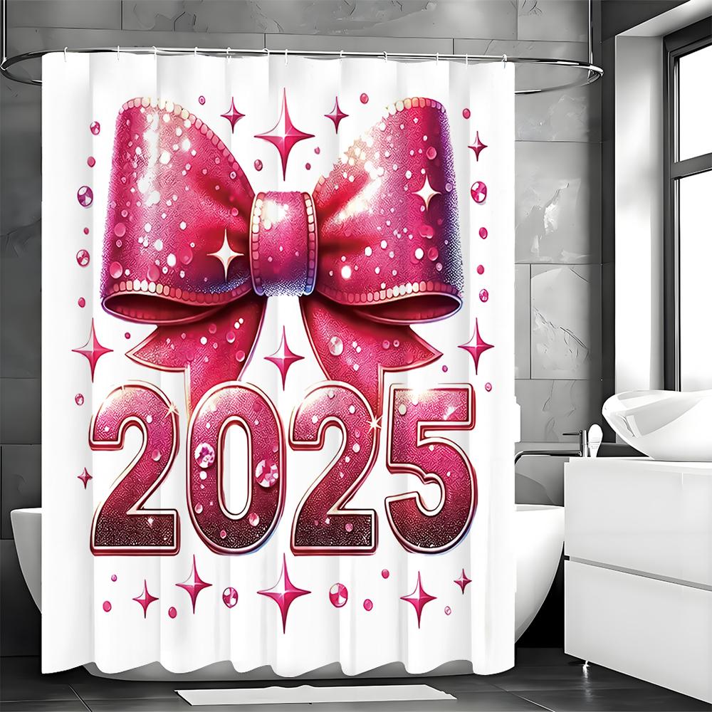 2025 pink bow shower curtain, bathroom decorative shower curtain, waterproof with hook shower curtain