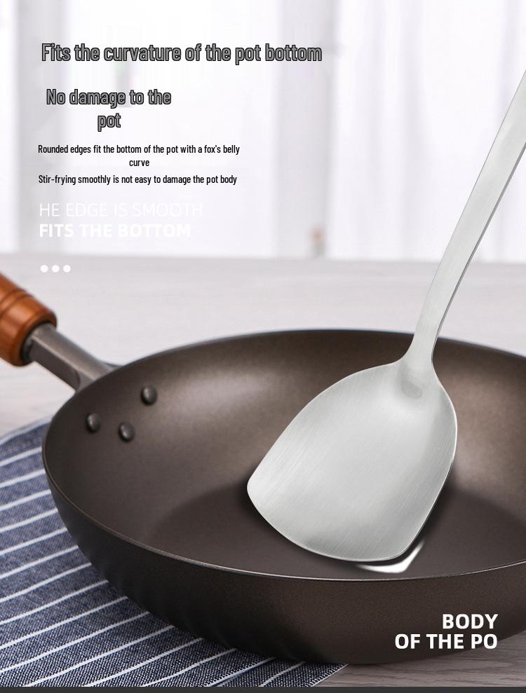 Stainless Steel Kitchen Utensil Set: Spatula, Frying Shovel, Soup Ladle & Slotted Spoon with Anti-Scald Wooden Handles.