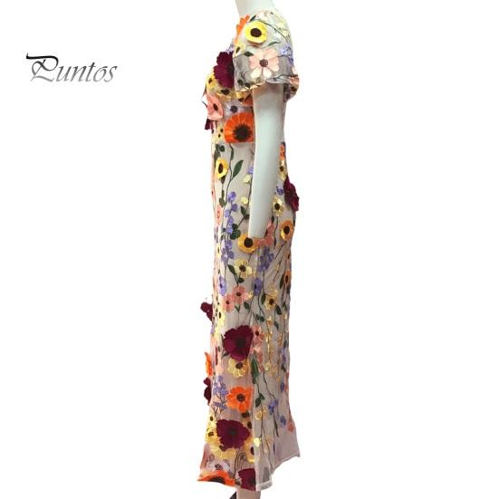 Women Fishtail Dress Round Neck Puff Short Sleeve Embroidered 3D Flower Decor Midi Dress Hip Wrapped Long Dress