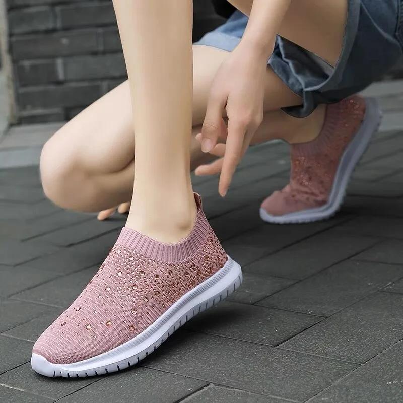 Large Size Rhinestone Elastic Socks Shoes Casual Women's Flying Woven Breathable Lightweight Casual Thick-soled Shoes