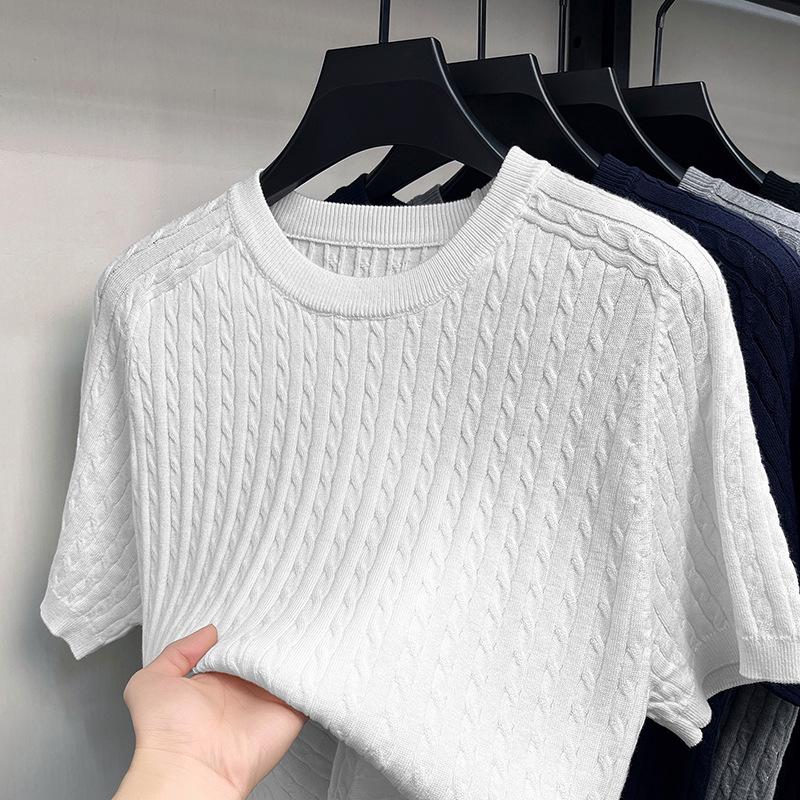 Men's Casual Loose Fit Round Neck Short Sleeve Knit T-shirt - Spring/Summer Solid Color Pullover