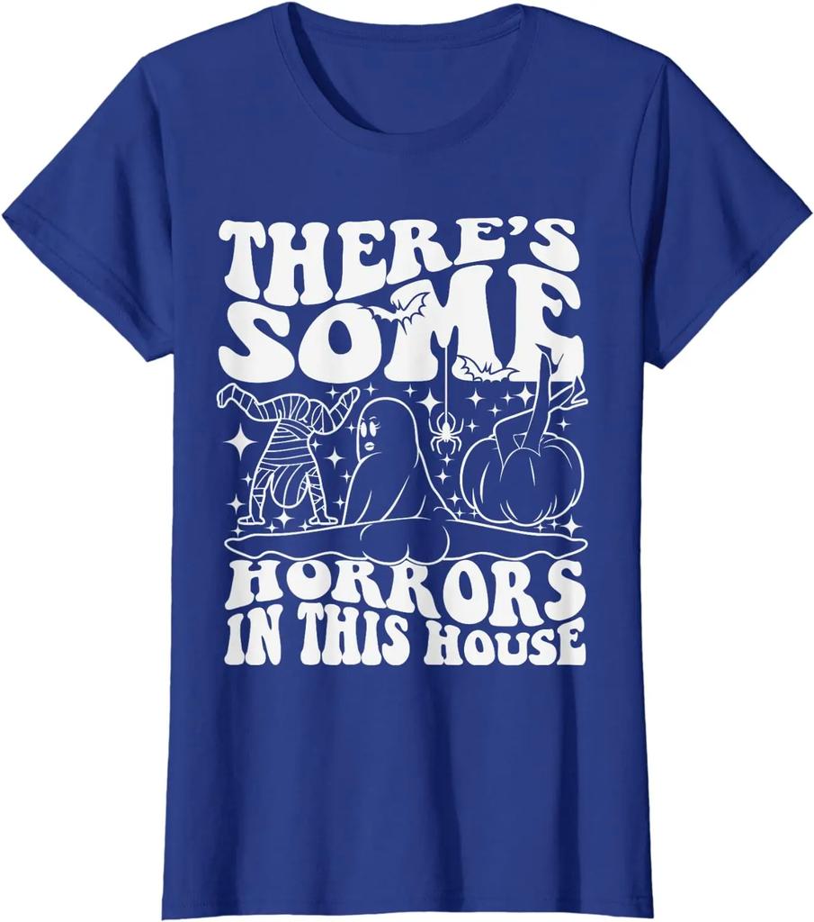 There’s Some Horrors in This House Ghost Pumpkin Halloween T-Shirt Cartoon Halloween Pattern T Shirt for Men Women Kids
