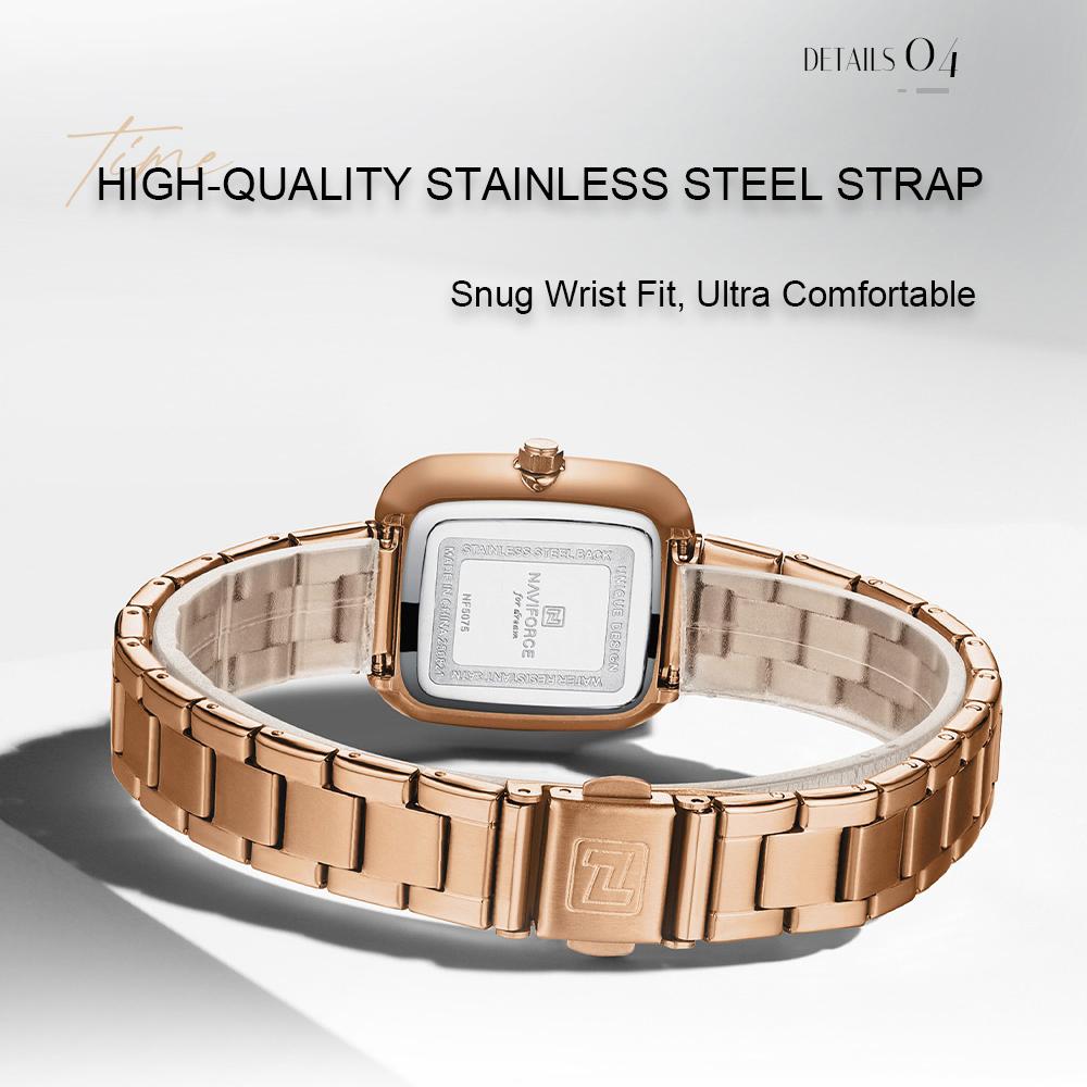 NAVIFORCE Original Simple Women Quartz Watch Square Case Stainless Steel Strap 3ATM Waterproof Lightweight Casual Fashion Women Watch NF5075
