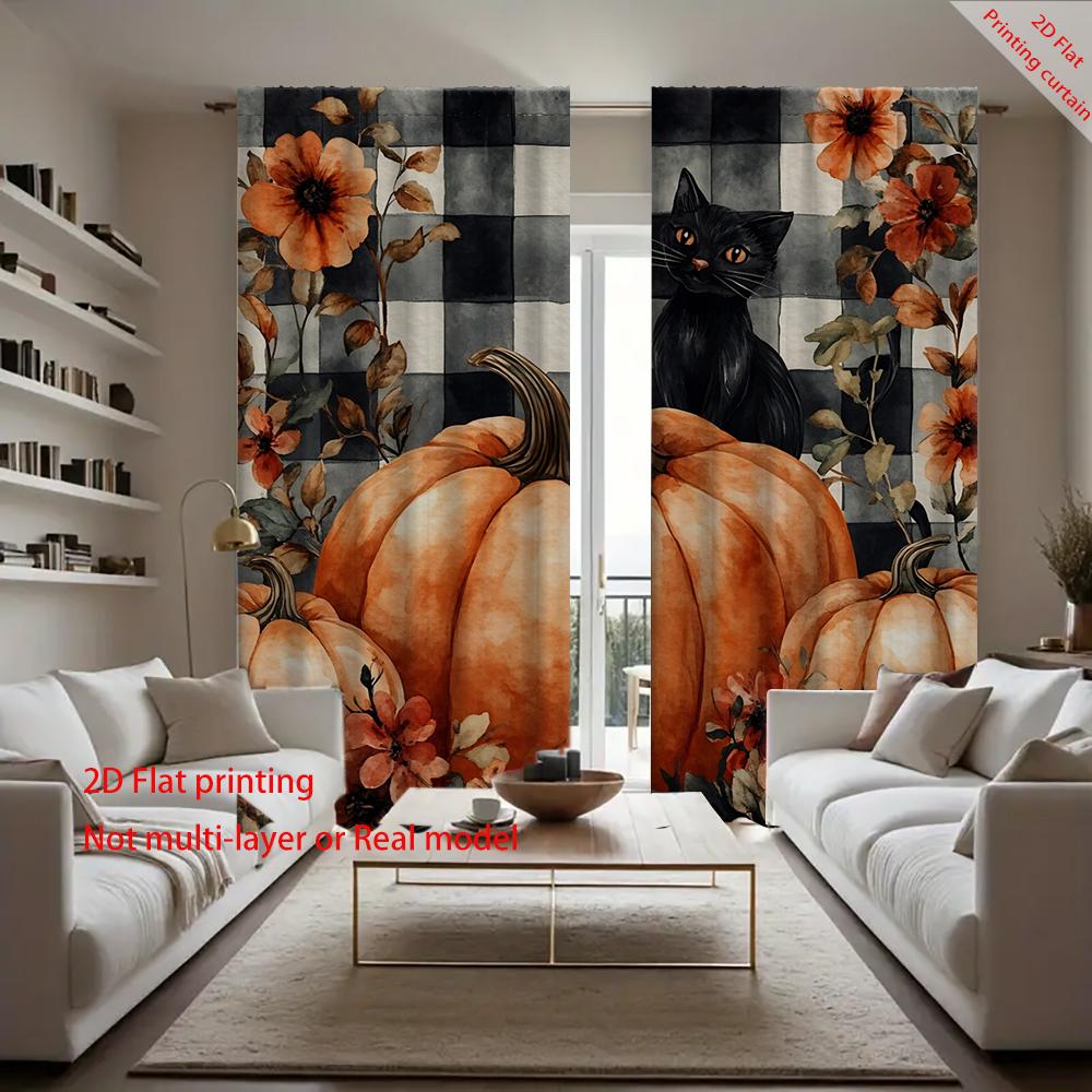 

2 шт. черно-белые клетчатые шторы с цифровой печатью на тему Хэллоуина, с тыквой и черным котом, с пейзажным фоном и кулиской 75x166cm