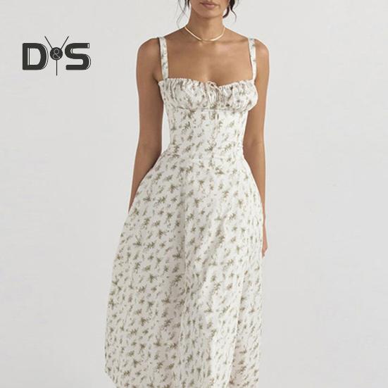 Damesjurk Laag uitgesneden rugloze mouw Bloemenprint Hoge strakke taille Hoge split Zomer Midi-jurk Feestgala Strandjurk