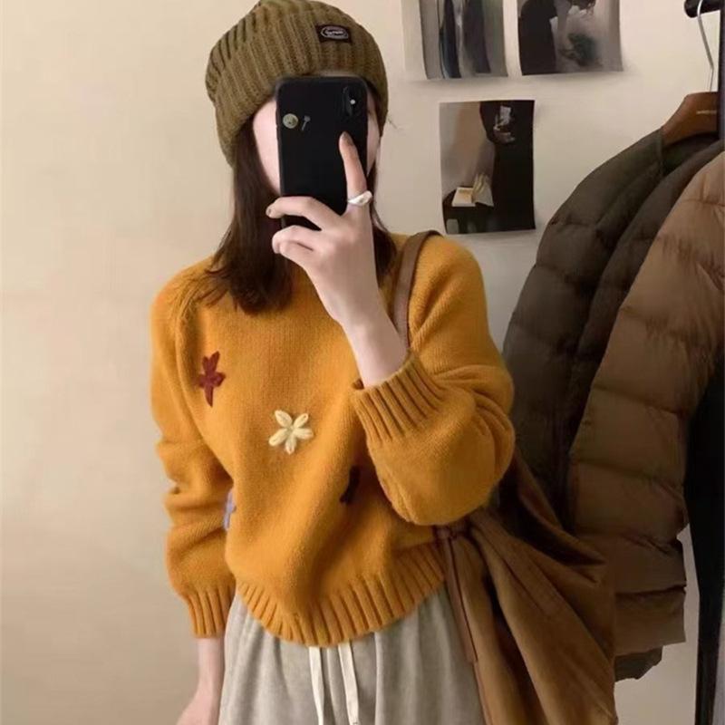 

Осенняя новая женская одежда с цветочным принтом, уменьшающая возраст, верхний свитер, женский свитер с круглым вырезом, осенняя одежда, ленивый ветер, вязаный топ One size оранжевый