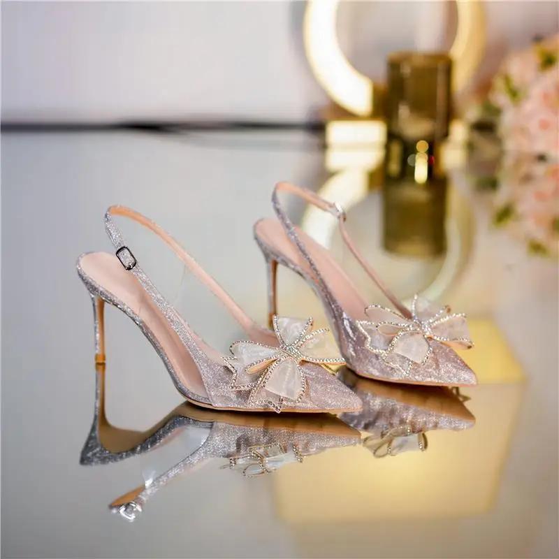 Fashion For Office Work High Heels Ladies Shoes Footwear Sandals Women Summer 2024 Thin Transparent Pointed Toe Open Silver Bow Comfort