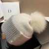 Light Luxury Rhinestone Fox Hairball Knitted Hat Winter Warm Rabbit Hair Soft Waxy Wool Hat Plush Sweet Ear Protection Hat