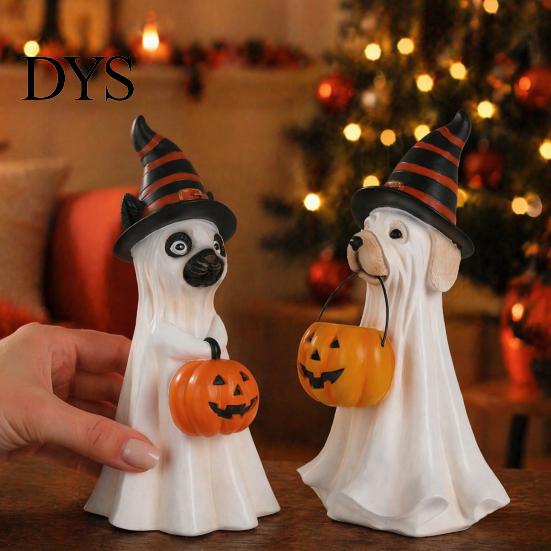 Accenti Decorativi per Halloween, Statuetta Cane Fantasma, Statua in Resina Zucca con Cappello da Mago, Carino Decorazione da Tavolo, Bomboniere per Ingresso, Bar, Finestra, Festa, Adorabile