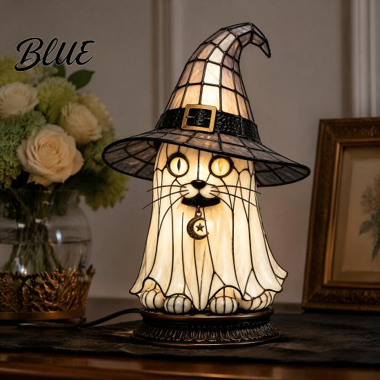 Transparent Gemstone Table Dreamy Purple Cat Hat Witch Light Black Lamp with Light Retro Style Bedside Night Gothic Halloween