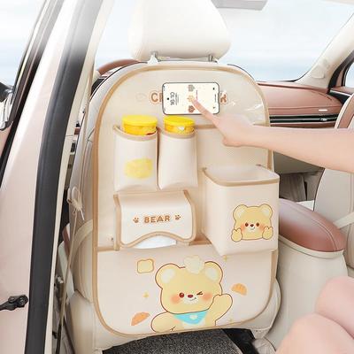 Cute Cartoon Car Holder Seat Back Storage Bags Anti Kick Mat Protector for Kids Multi-functional Storage Pockets Stand Trash Bin