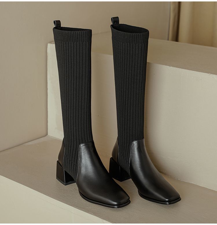 Fashion Comemore Retro Knitted Knee High Elastic Boots Chunky High Heeled Women's Sock Long Boots Casual Slip on Autumn Single Botas