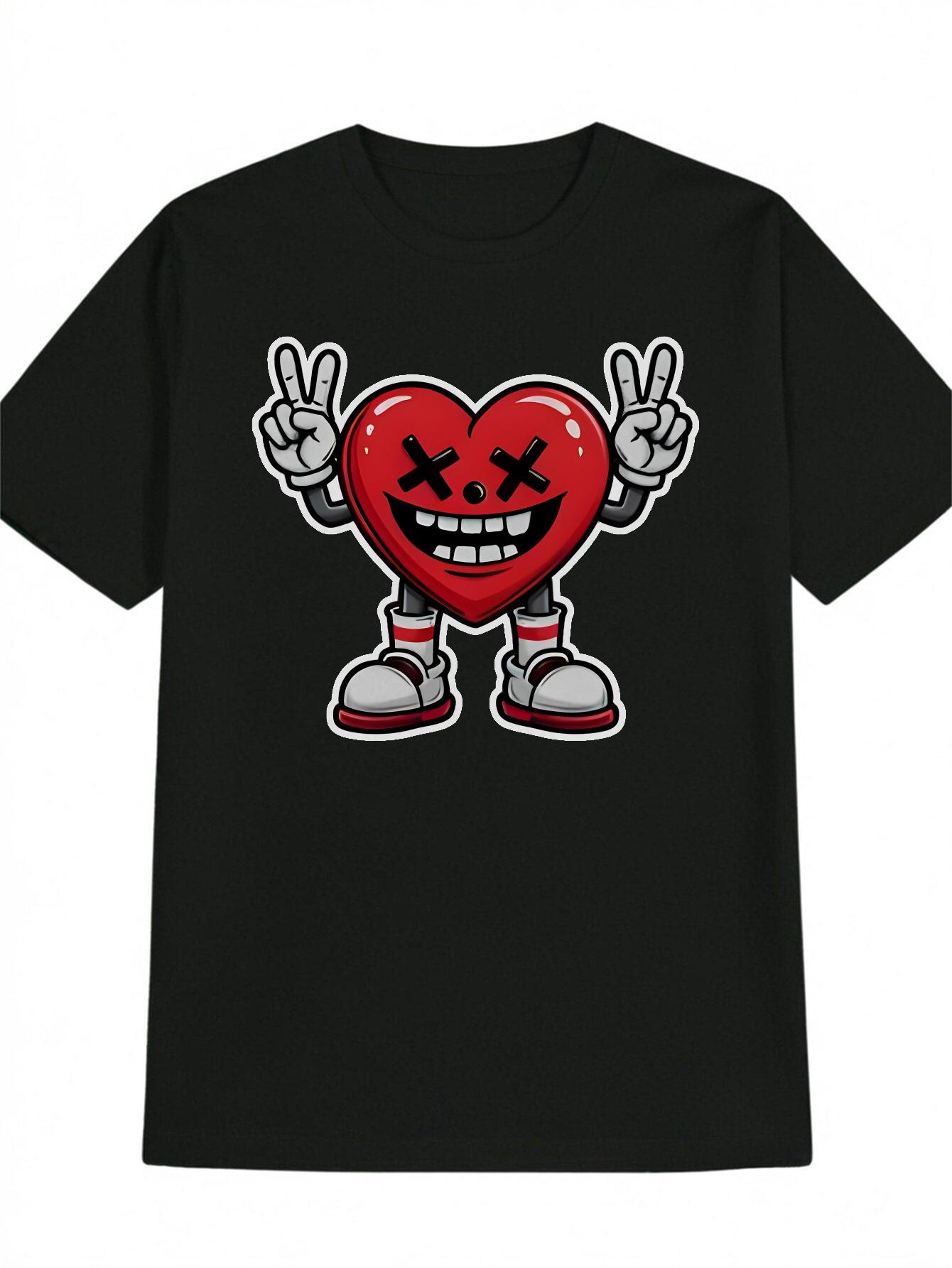 Casual Round Neck T-shirt with Fun 3D Heart Graphic - Red & White XXL