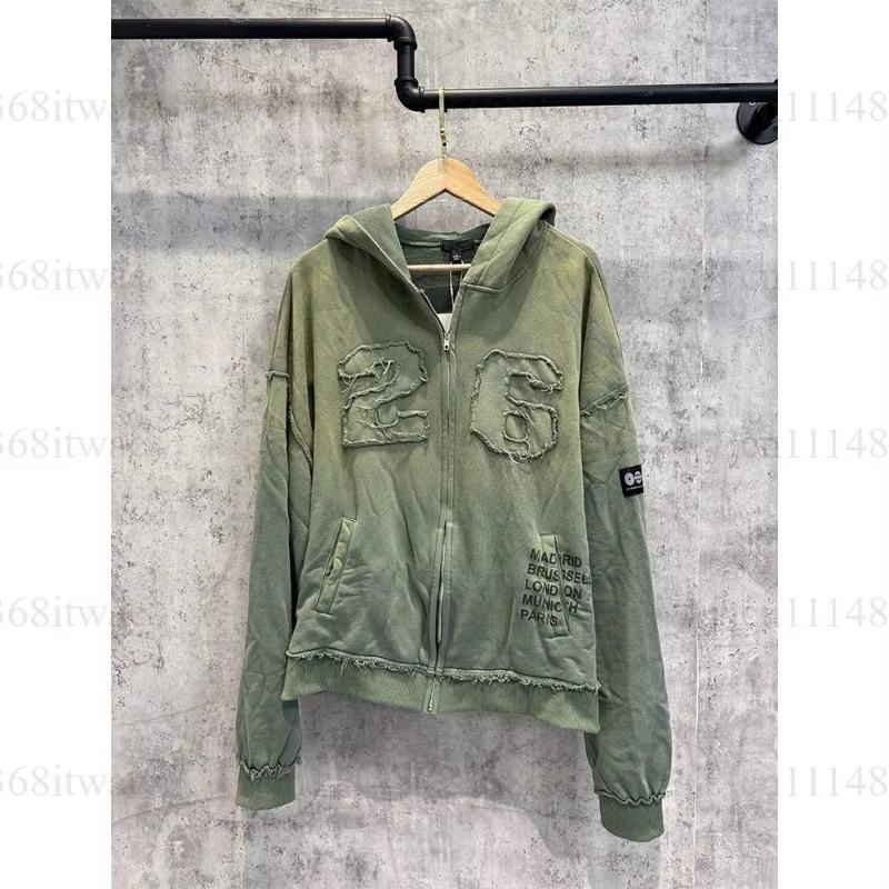 Arirang Tour Washed Green Zip Up Cropped Hoodie Raw Cut Patch Number Decoration Loose Casual Street Style Fans