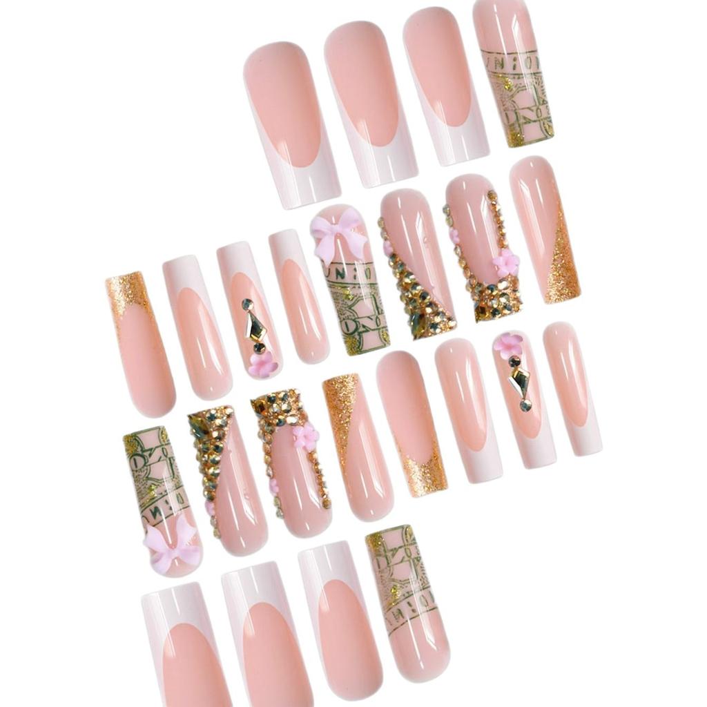 24pcs Bownot & Flower Nail Stickers Press-On Nails, Suitable For Women Girls Nail Art Decorr