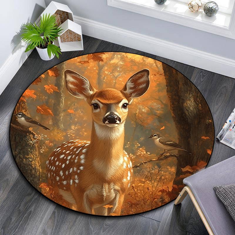 Autumn Forest Deer Round Area Rug,Carpet Rug for Living Room Bedroom Sofa Playroom Decor,Non-slip Floor Mat