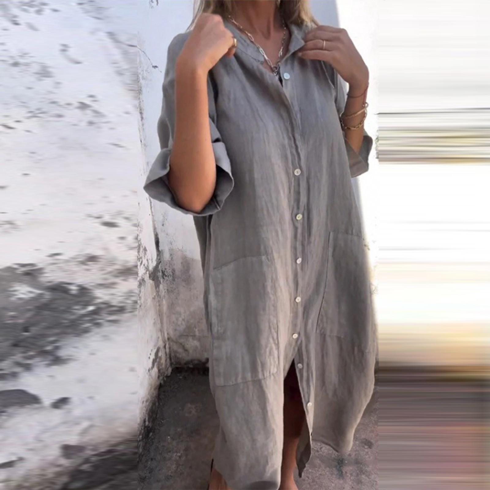 

Женское свободное повседневное однотонное хлопковое льняное платье-рубашка со средними рукавами M серый