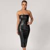 Women's Solid Color PU Leather Slim Sheath Back Split Sexy Mid-Length Dresses