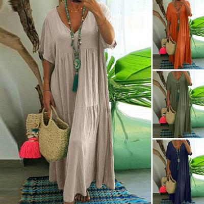 Damen-Sommerkleid, übergroß, einfarbig, Patchwork, knöchellang, kurze Ärmel, Übergröße, V-Ausschnitt, Böhmen, Maxikleid, Damenbekleidung