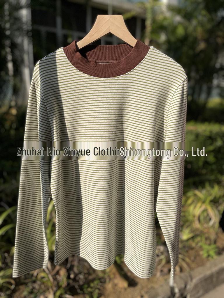 Women's Japanese Stripe Color Block High Collar Long Sleeve T-Shirt - Lazy Style, Light Blue (TX381)
