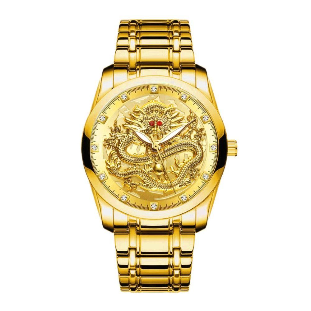 Stainless Steel Band Men's Watch Gold Color Dragon Pattern Clock Fashion Gold Dragon Watch Women