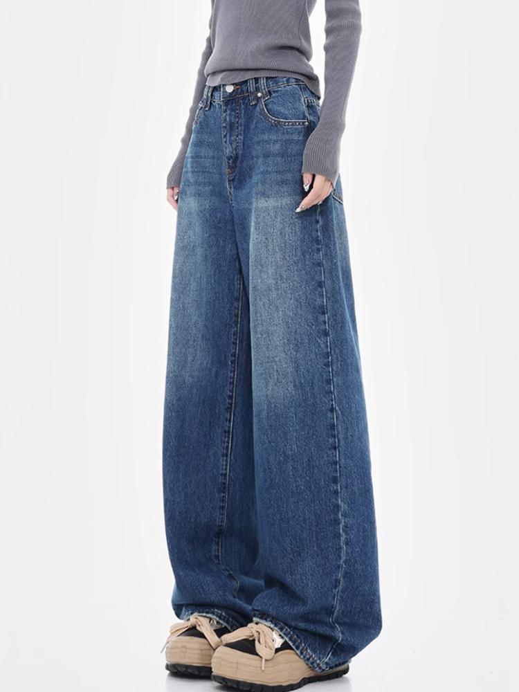Spring New Vintage Washed Wide Leg Jeans Women 2000s High Waisted Straight Loose Slim Mop Pants Korea Chic Design Blue Denim Trousers