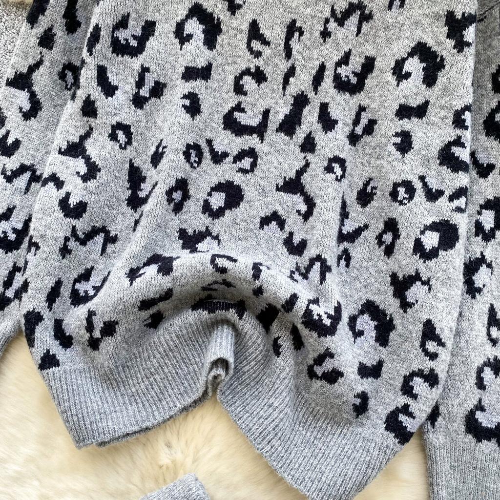 Automne Hiver Femmes Décontracté Imprimé Léopard Tricoté Pull Pantalon Ensemble Deux Pièces Manches Longues Hauts Pull et Short Taille Élastique Survêtement