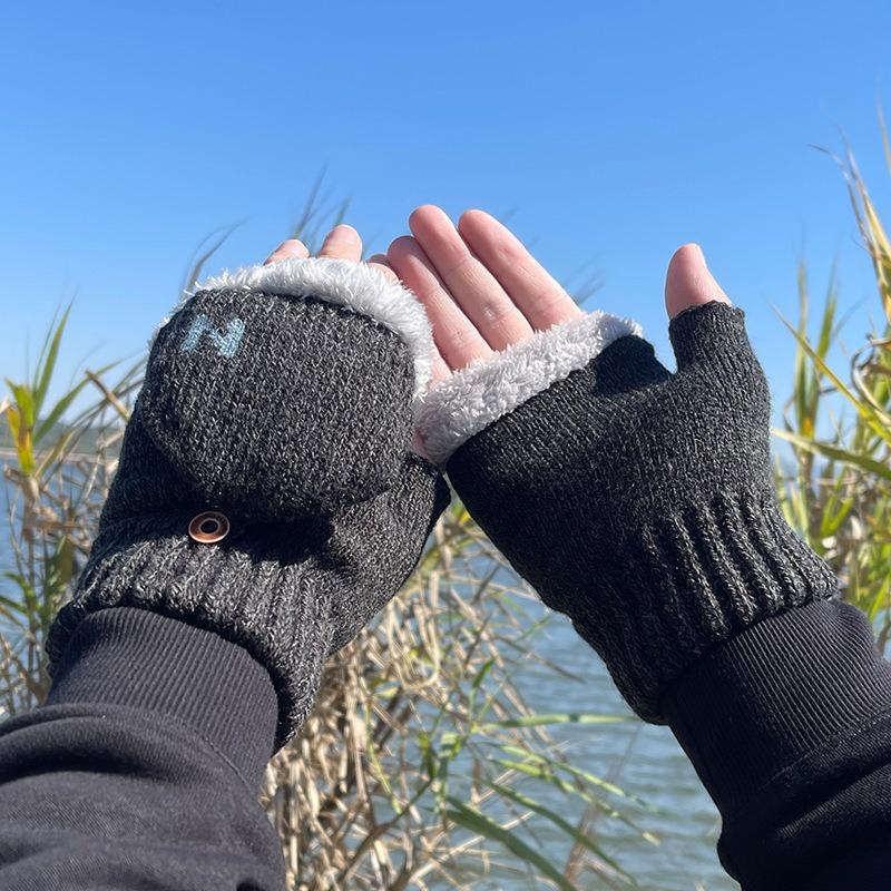 Gloves Men's Winter Half Finger Flip Student Warm Fleece Thickened Writing Fingerless Half Open Finger Cycling Cycling