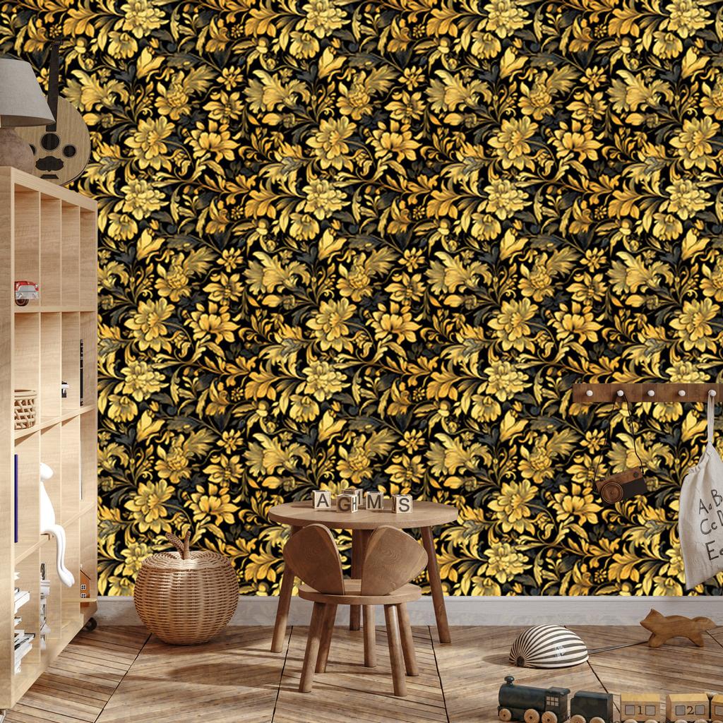 Golden Hibiscus Ochre Wallpaper, Fine Detail for Living Room and Bedroom 50x1000