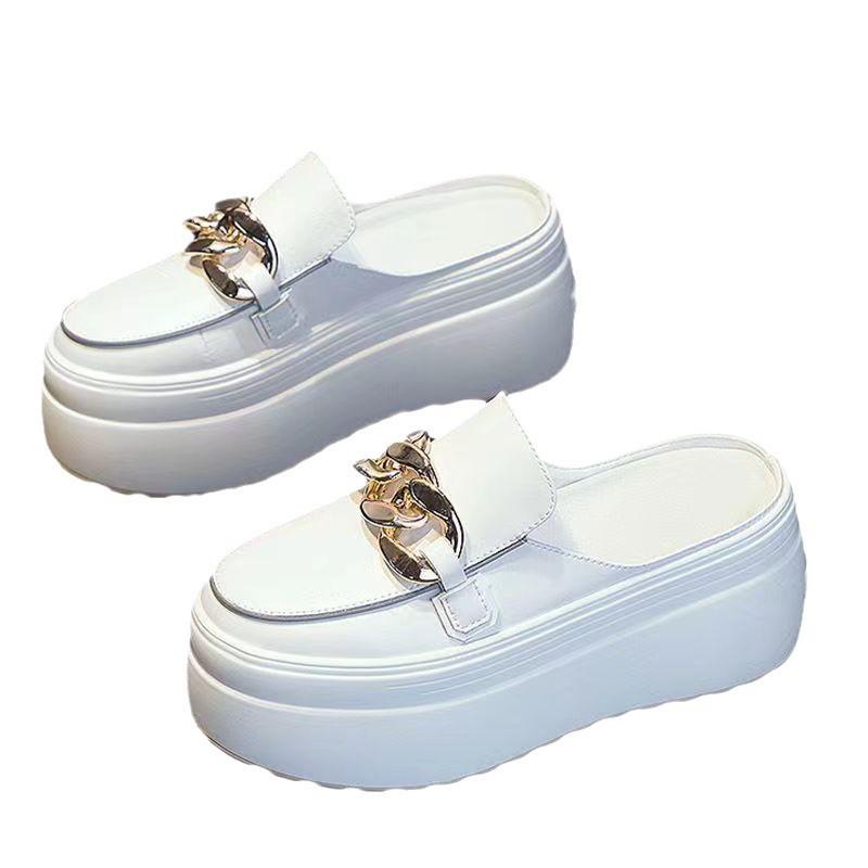 SyfIyno Neue Sommer Baotou Halbschuhe Echtes Leder Outdoor Kühl Schleppen Dicke Sohle Absatz Frei Hoch Schuhe