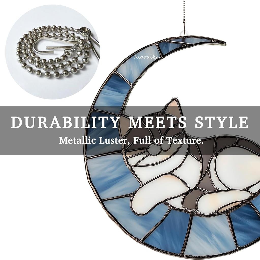 Acrylic Stained Glass Style Blue Moon Cat Window Hanging, Lightweight Faux Stained Glass Suncatcher for Home Decor, Cat Wall Decoration, Ideal for
