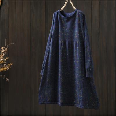 Women Vintage Print Floral Dresses Knitted Autumn O-Neck Long Sleeve Casual A-Line Dress