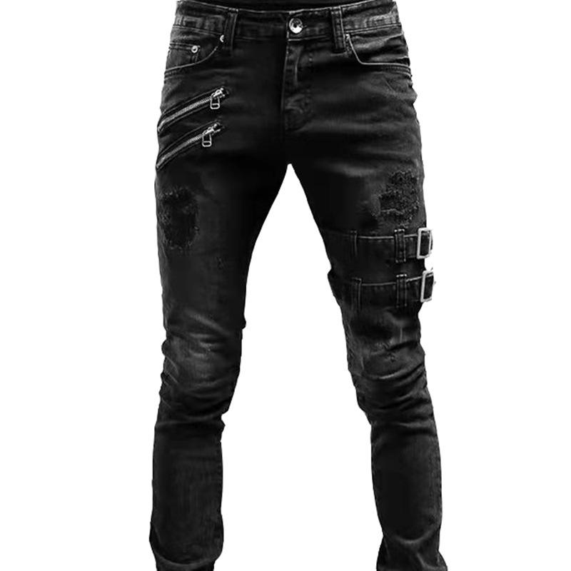 Jeans Rectos Elásticos Biker Hombre Cremallera Agujero Ropa Urbana Punk Skinny Denim Pantalones Cargo Pantalones