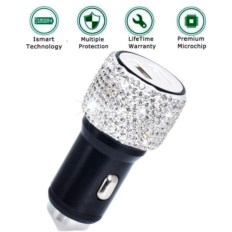 Dual USB Car Charger Bling Handmade Rhinestones Crystal Car Decors Safety Hammer Design Car Decorations Fast Charging for Phone