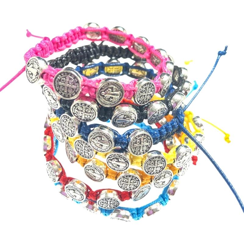 Set Of 12 Saint Benedict Charm Bracelets Handmade Wristbands Adjustable Length Wristchains Religious Blessing Jewelry