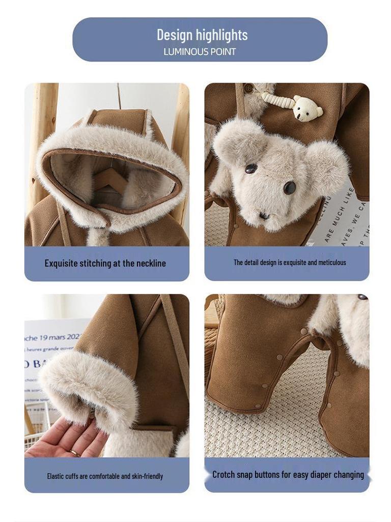 Nuovo Tuta Invernale Peluche: Tuta con Cappuccio da Passeggio per Neonati e Bambine - Carino Set Due Pezzi.